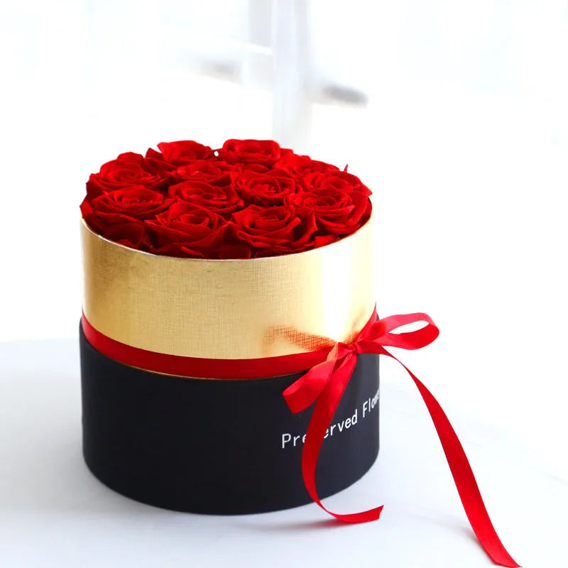Boxed set of preserved real red roses in a gift box for Valentines Day.