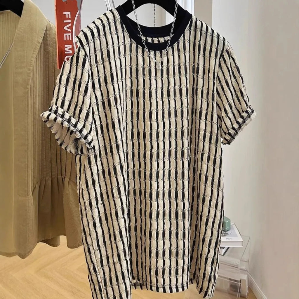 Men's black striped casual short sleeve shirt in loose fit linen-silk blend fabric