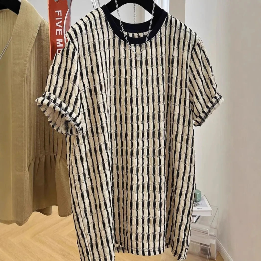Men's black striped casual short sleeve shirt in loose fit linen-silk blend fabric
