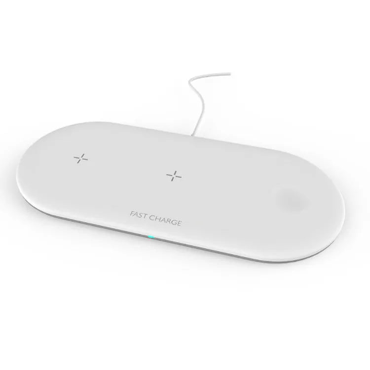 Black three-in-one wireless charging station for Apple mobile phone, iWatch and headphones on desktop