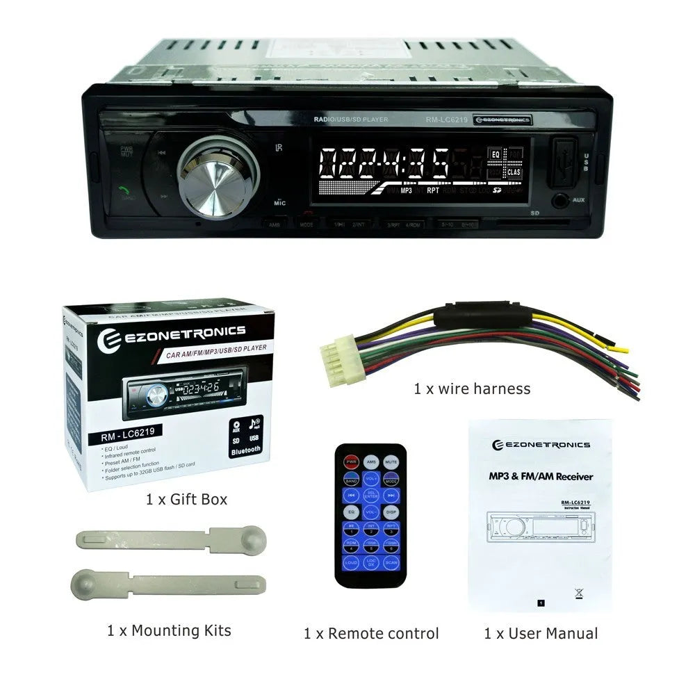 Black car stereo receiver with Bluetooth, USB, SD card slots, auxiliary input, and display screen