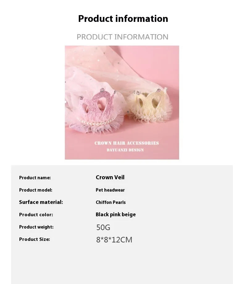 Pet cat wearing princess crown headdress with veil for wedding or birthday costume