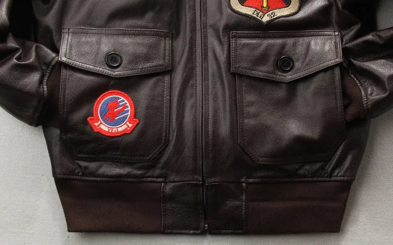 Men's embroidered cowhide leather motorcycle jacket, short zip front, brown or black, sizes S to XXXL