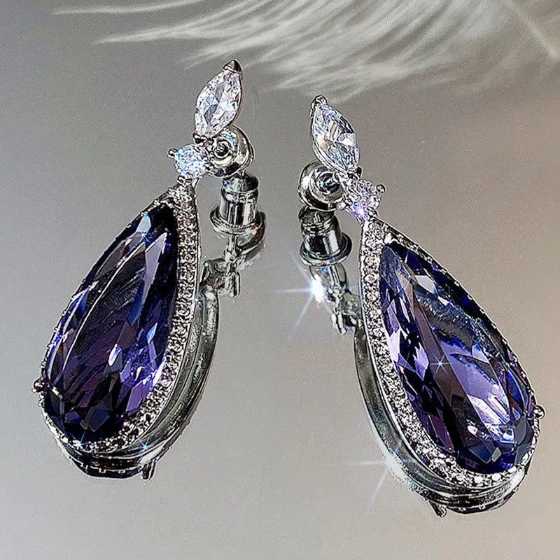 Purple zircon drop earrings with copper base and micro-inlaid design, women's bridal style, one pair.