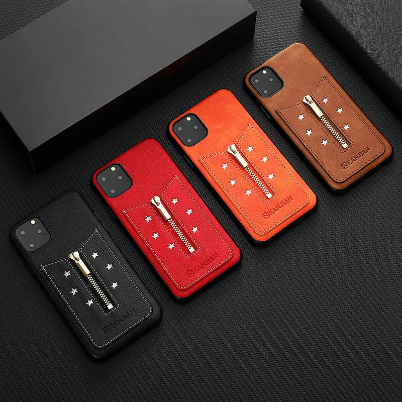 Black PU leather zipper phone case for iPhone with anti-fingerprint finish, shown open.