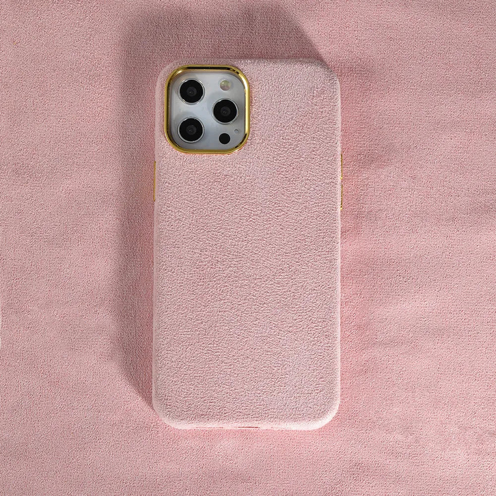 Turn Fur furry mobile phone case in solid colour, hot press moulded PU PET rear cover for iPhone