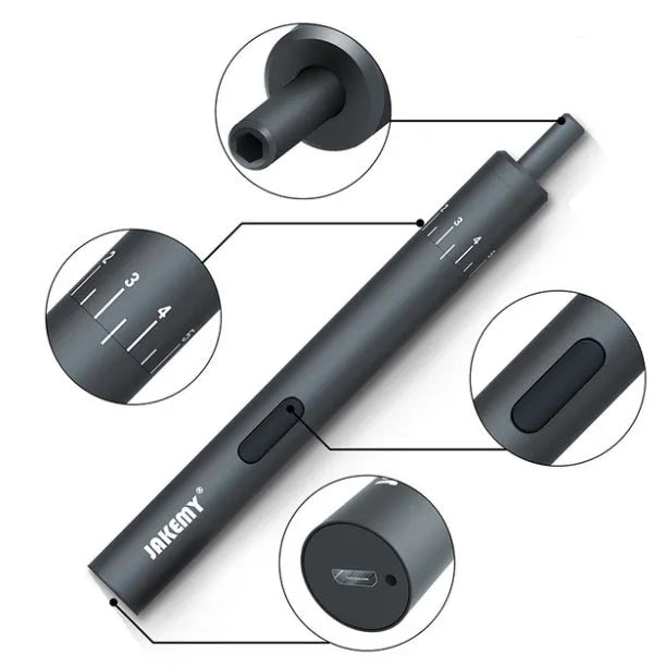 Black mini electric screwdriver with aluminium casing and micro USB charging port