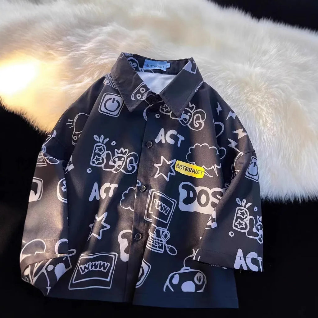 Student loose fit polyester shirt with cartoon animation print in dark blue video game graffiti design