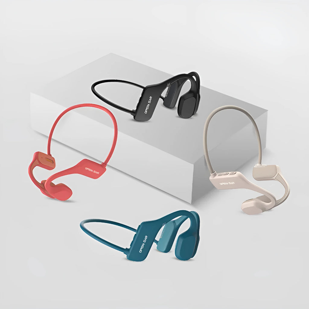 IPX5 waterproof bone conduction sports headset in Black, rear-mounted hanging-neck design