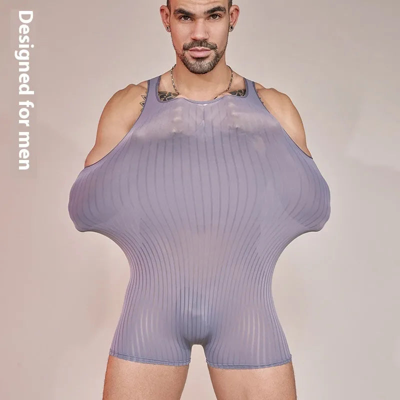 Men's striped nylon jumpsuit in black, dark grey, or white, showing vertical bar pattern.