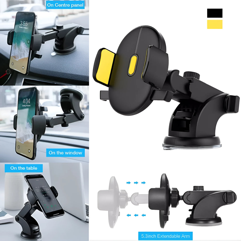 Yellow and black telescopic car phone holder with suction cup mounted on a dashboard