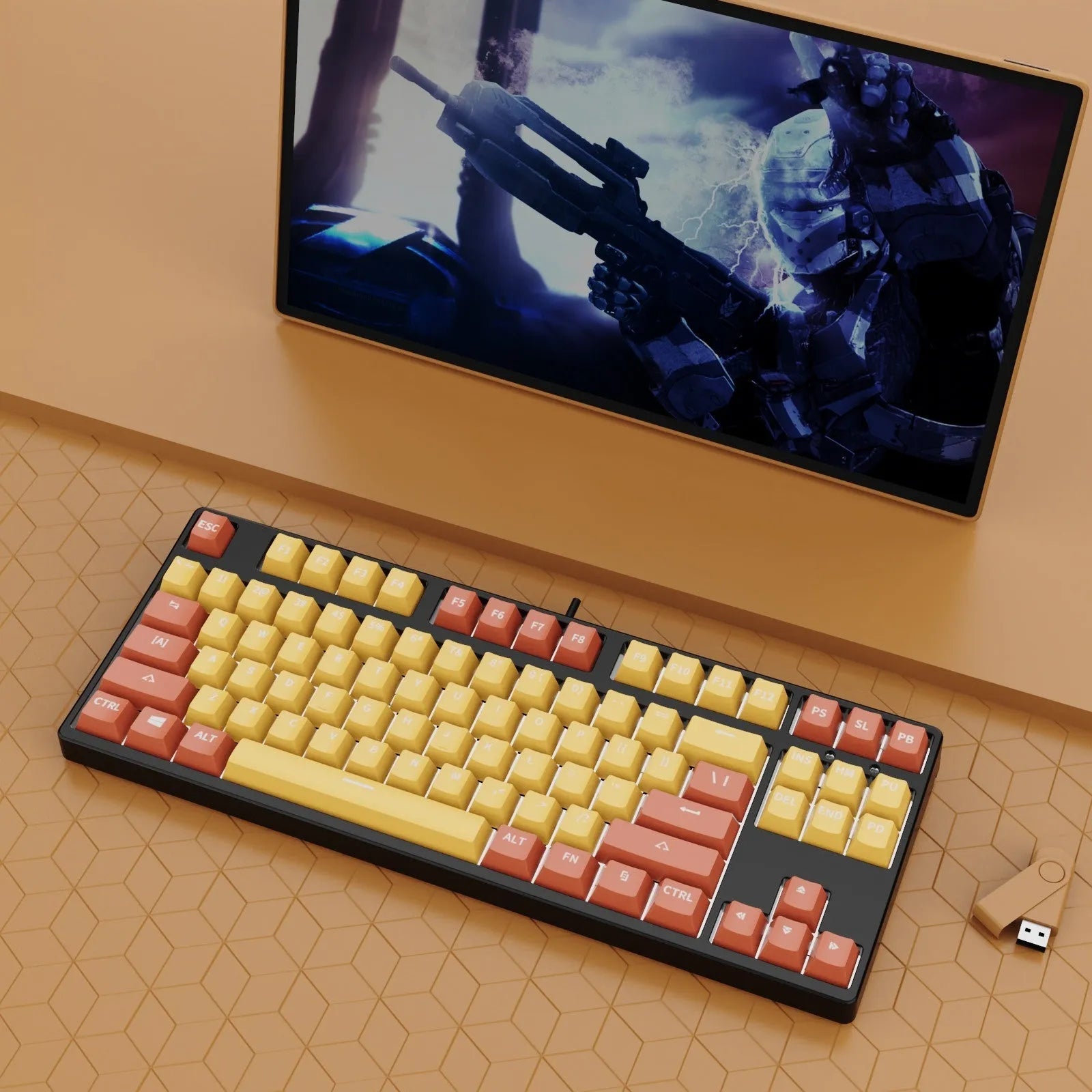 87-key wired mechanical gaming keyboard with hot-swappable switches in dual-colour keycap configuration