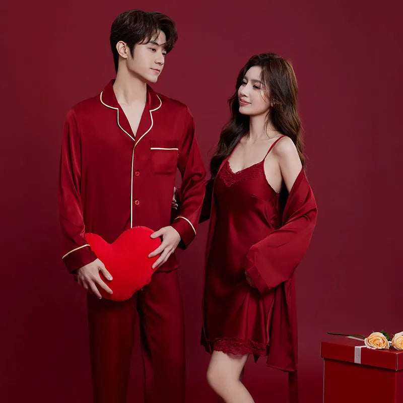 Red long-sleeved ice silk sleepwear set for a man and woman laid out flat.