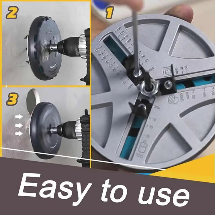 Adjustable punch saw with three blades on plywood showing 45-130mm cutting diameter