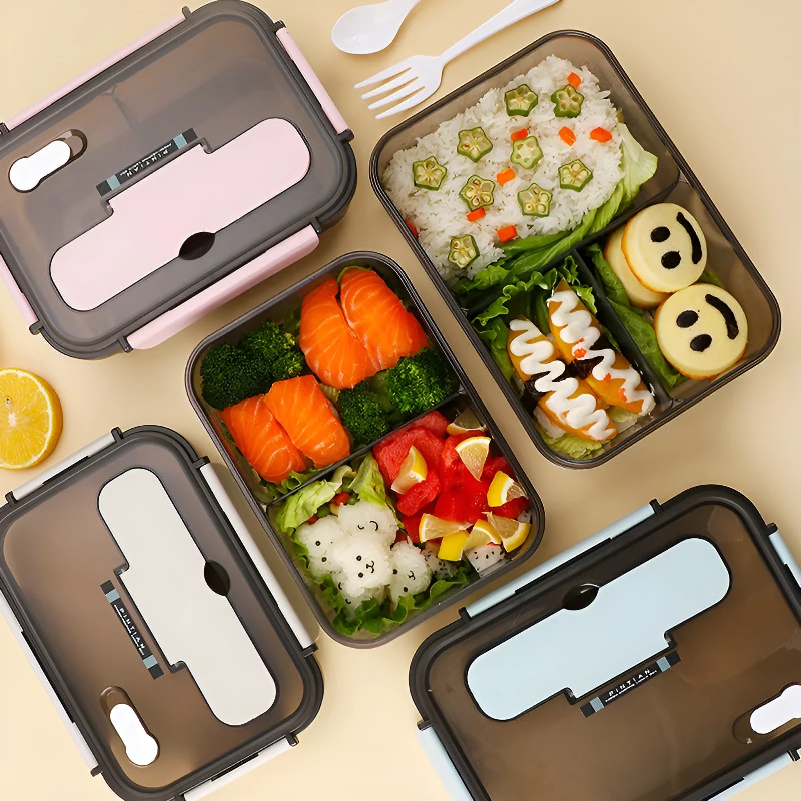 Plastic bento box lunch container with lock catch, microwave safe, 1100ml or 1500ml, blue pink apricot