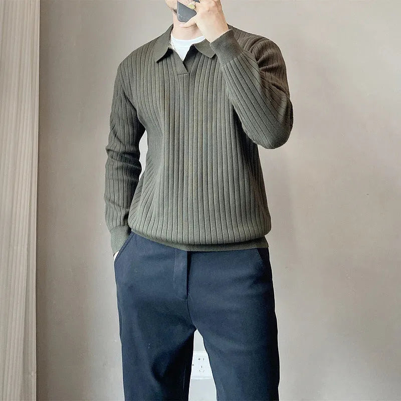 Men's loose striped lapel knitted sweater in modal and rabbit fur blend, shown in army green.