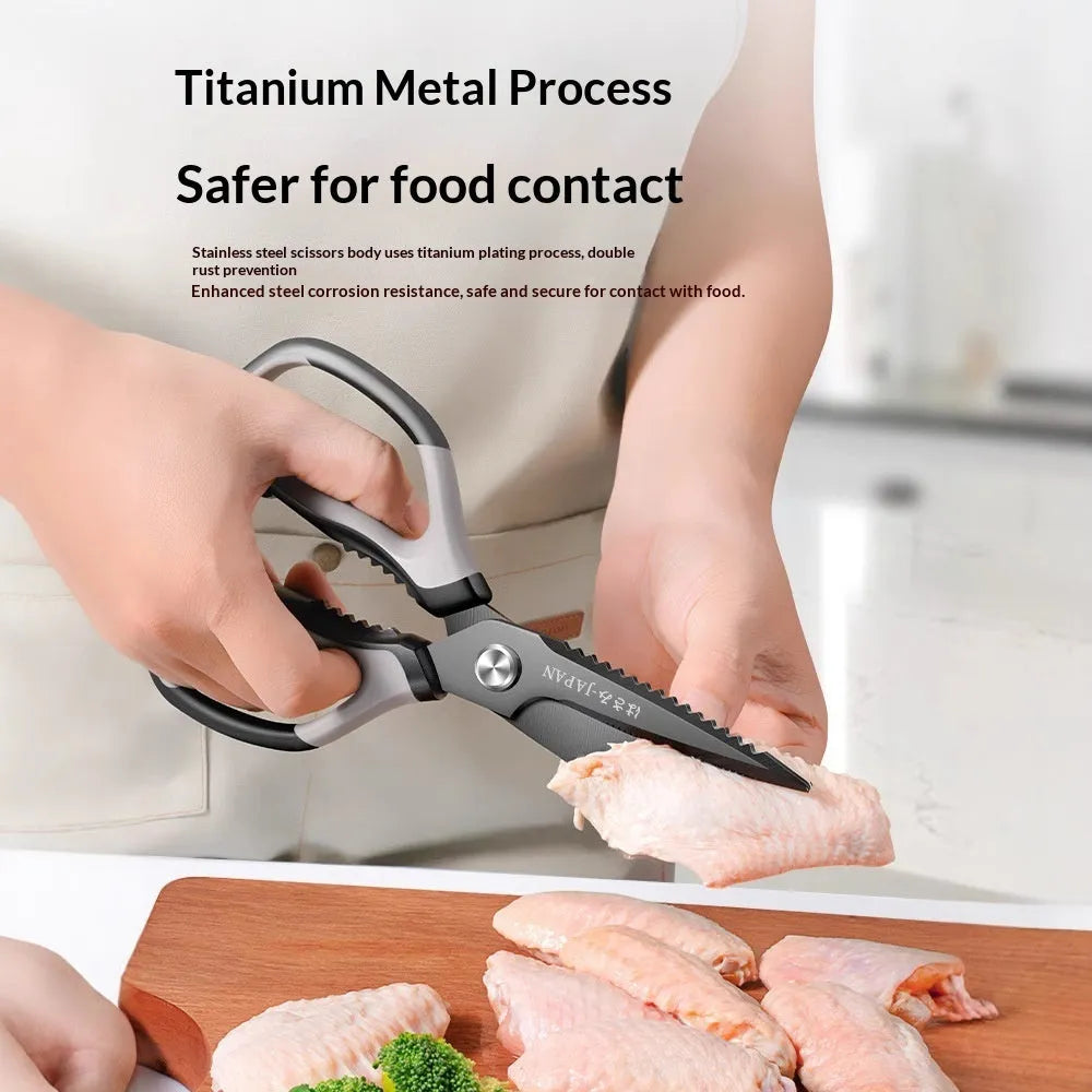 Large titanium-plated stainless steel kitchen scissors with double anti-rust coating for barbecue and home use