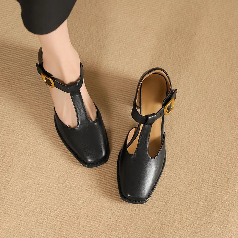 Women's square toe T-buckle hollow sandals in black, high heel 6-8cm, leather upper