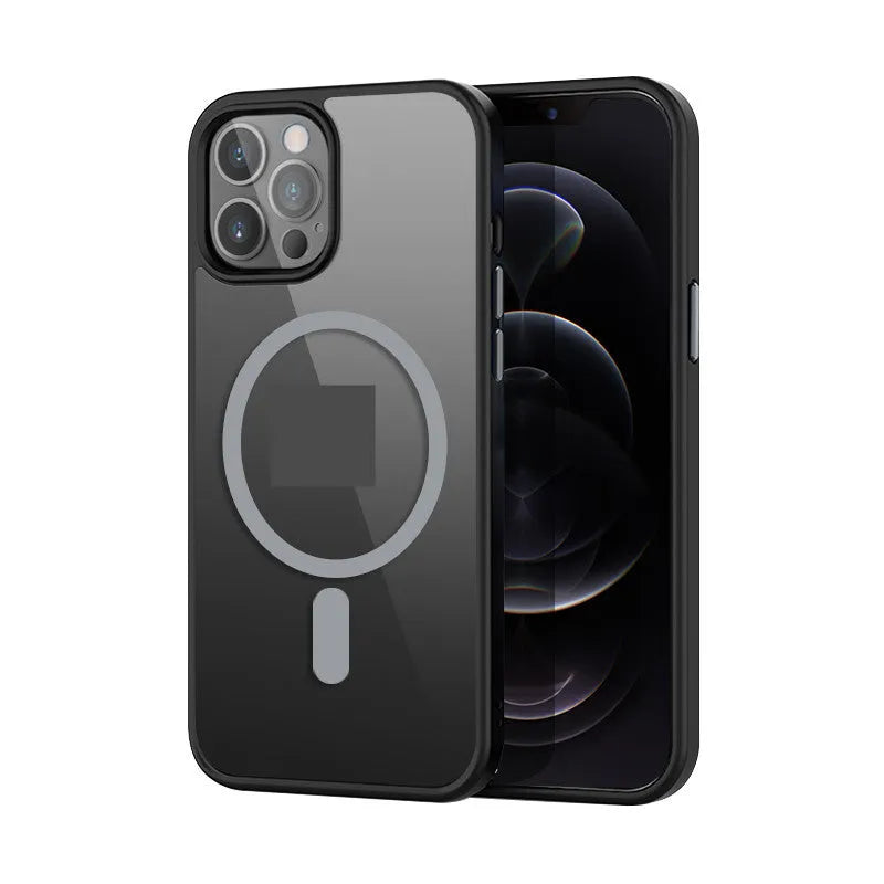 Magnetic silicone phone case for iPhone 12 and 13 in matte black, shown as a PC and TPU back cover