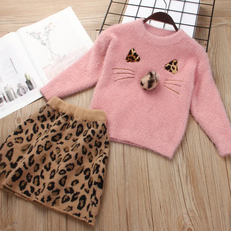 Children's knitted sweater suit two-piece skirt set in beige or red, long sleeve, floral or leopard print, sizes 90cm to 130cm