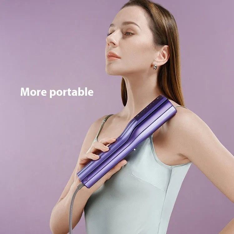 Handheld garment steamer with plastic body showing hanging and flat ironing modes