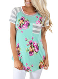 Summer striped breastfeeding top for pregnant women, slim fit, short sleeves, round collar, in green colour