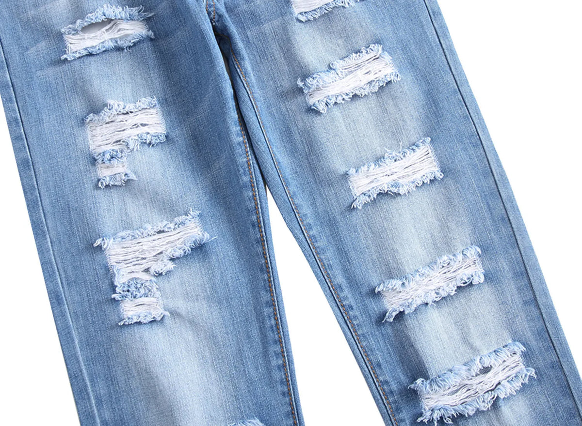 Men's ripped straight denim trousers in dark blue mid-waist straight-leg cotton blend casual jeans