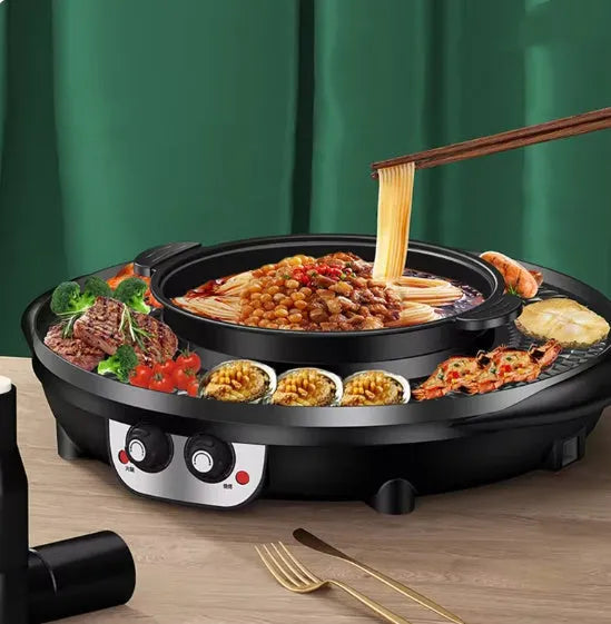 Hot pot barbecue all-in-one electric cooker with 5L capacity and barbecue plate in Reunion Roast Black finish