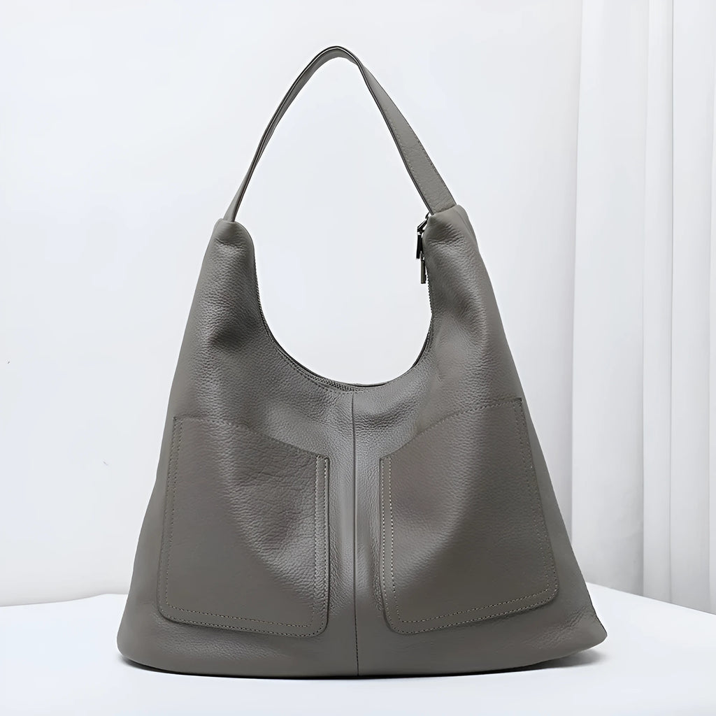 Large capacity soft first layer cowhide genuine leather bucket bag with zip pockets in black, coffee, khaki grey or dark blue