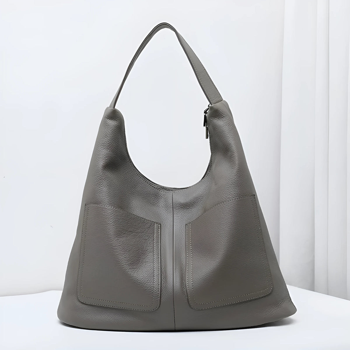 Large capacity soft first layer cowhide genuine leather bucket bag with zip pockets in black, coffee, khaki grey or dark blue
