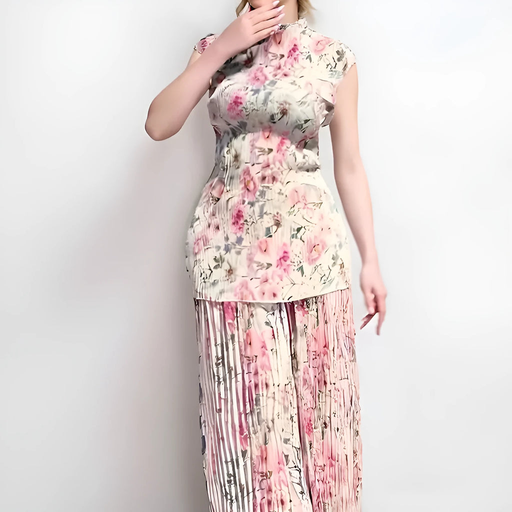 Long sleeve printed chiffon dress and matching top co-ordinate set in picture colour