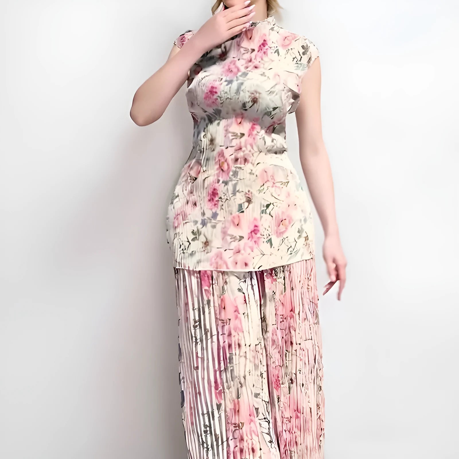 Long sleeve printed chiffon dress and matching top co-ordinate set in picture colour