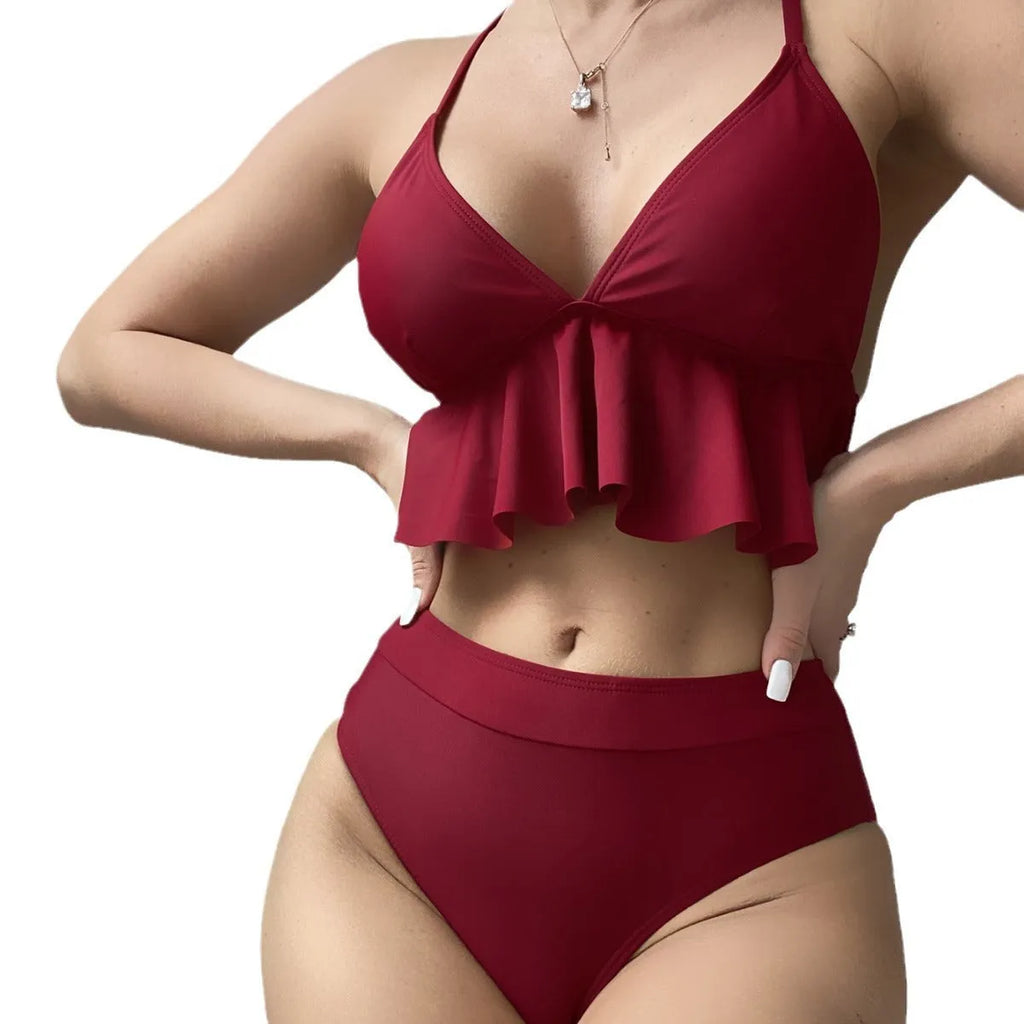 Women's solid colour split bikini swimsuit in black, army green, brick red, or blue