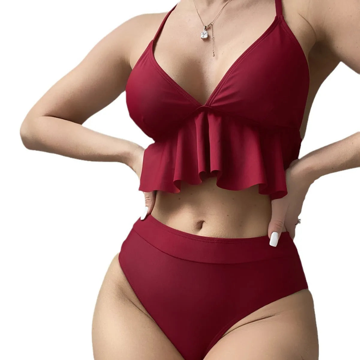 Women's solid colour split bikini swimsuit in black, army green, brick red, or blue