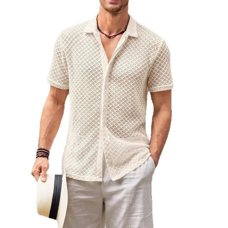 Men's short sleeve mesh shirt with lapel in cotton blend fabric, solid colour options