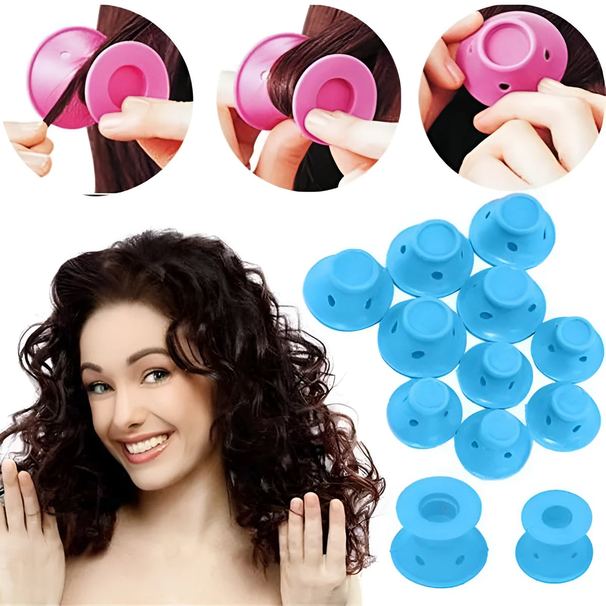 Soft silicone hair curlers in large 5.0cm and small 3.9cm sizes, ten-piece no-heat styling set