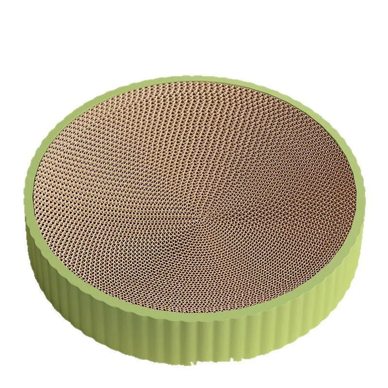 Round green cat scratching board with corrugated cardboard centre and two white replacement refills