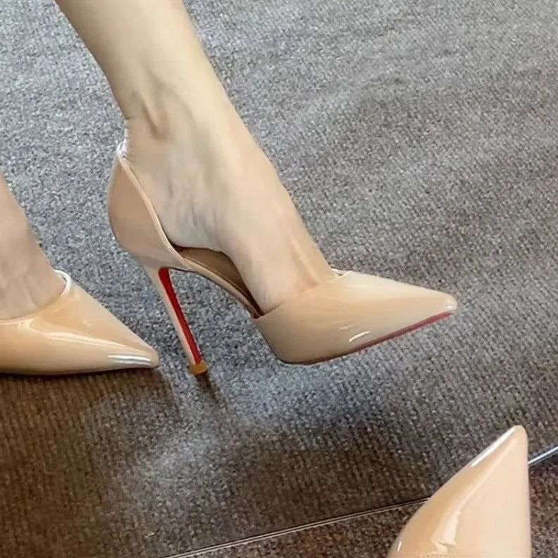 Women's patent leather stiletto pumps with hollow shallow mouth design in nude colour