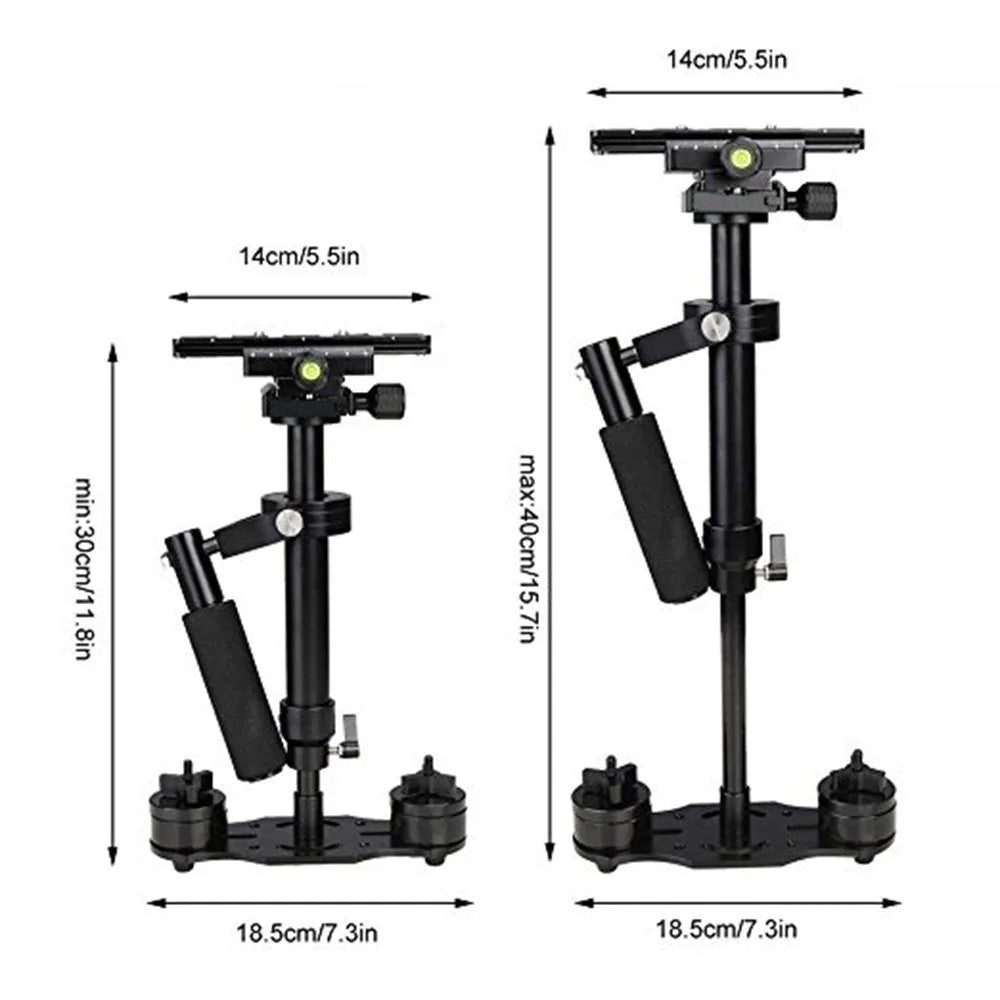 Black aluminum handheld camera stabilizer with adjustable height mechanism and grip handle