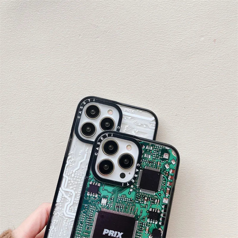 Circuit board iPhone case with engraved acrylic side panel, hard PC shell, IC board colour