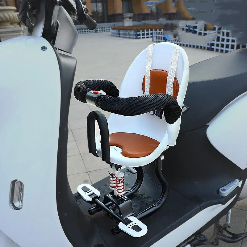 Black front-mounted child safety seat for a battery scooter with a high carbon steel frame.