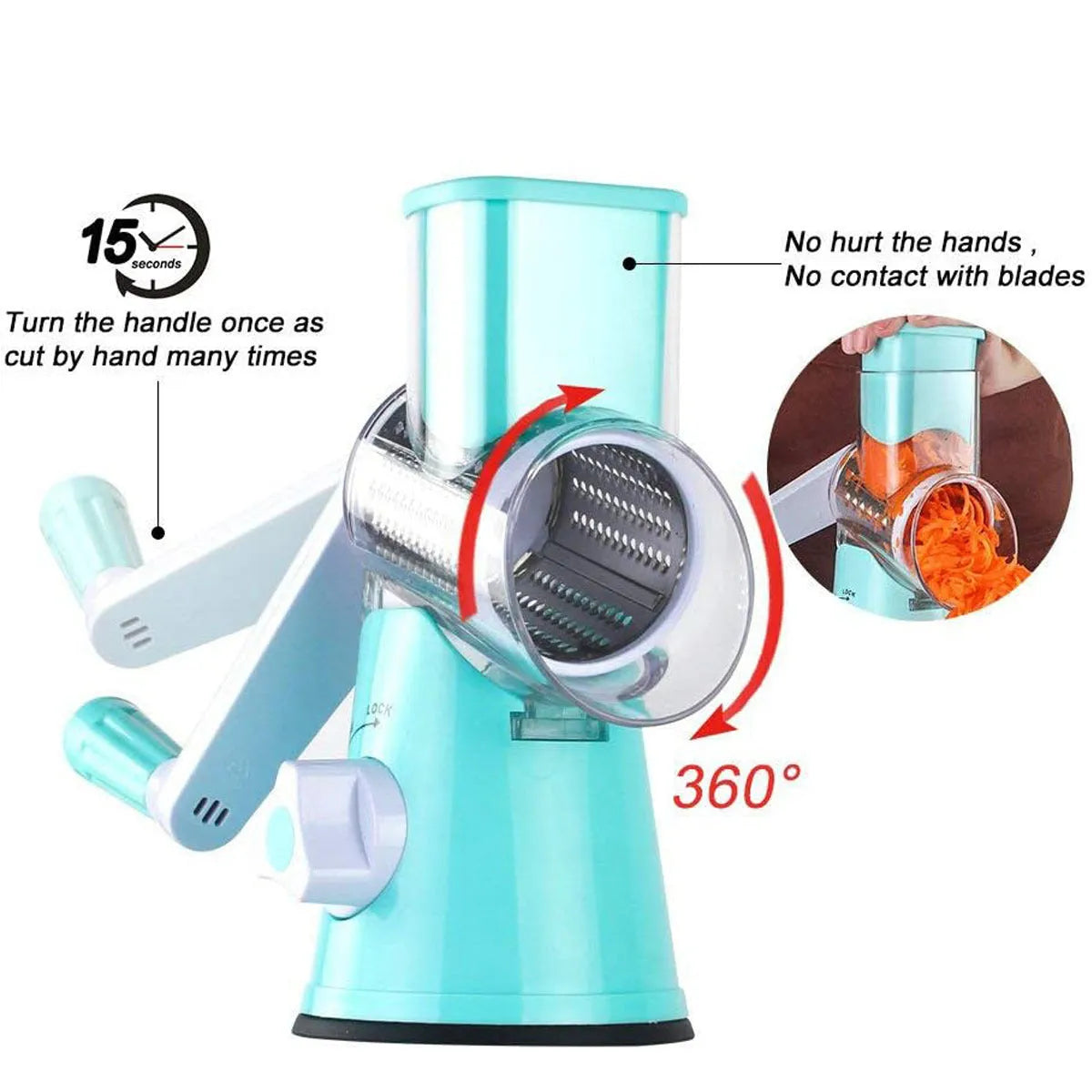Manual round mandoline vegetable slicer with stainless steel blades in blue colour