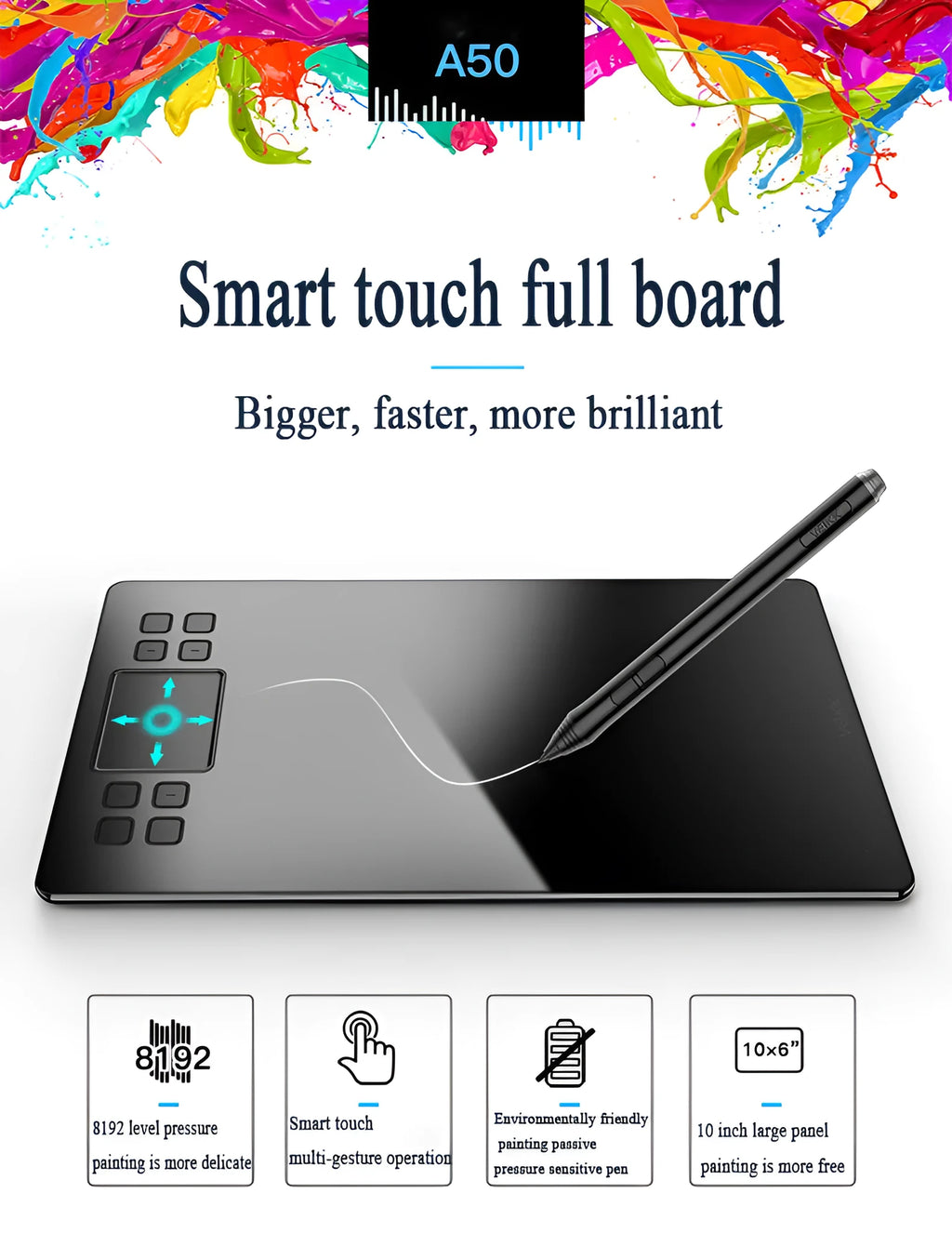 Digital drawing electronic drawing board tablet with 10-inch panel, black, showing passive pen and pen stand