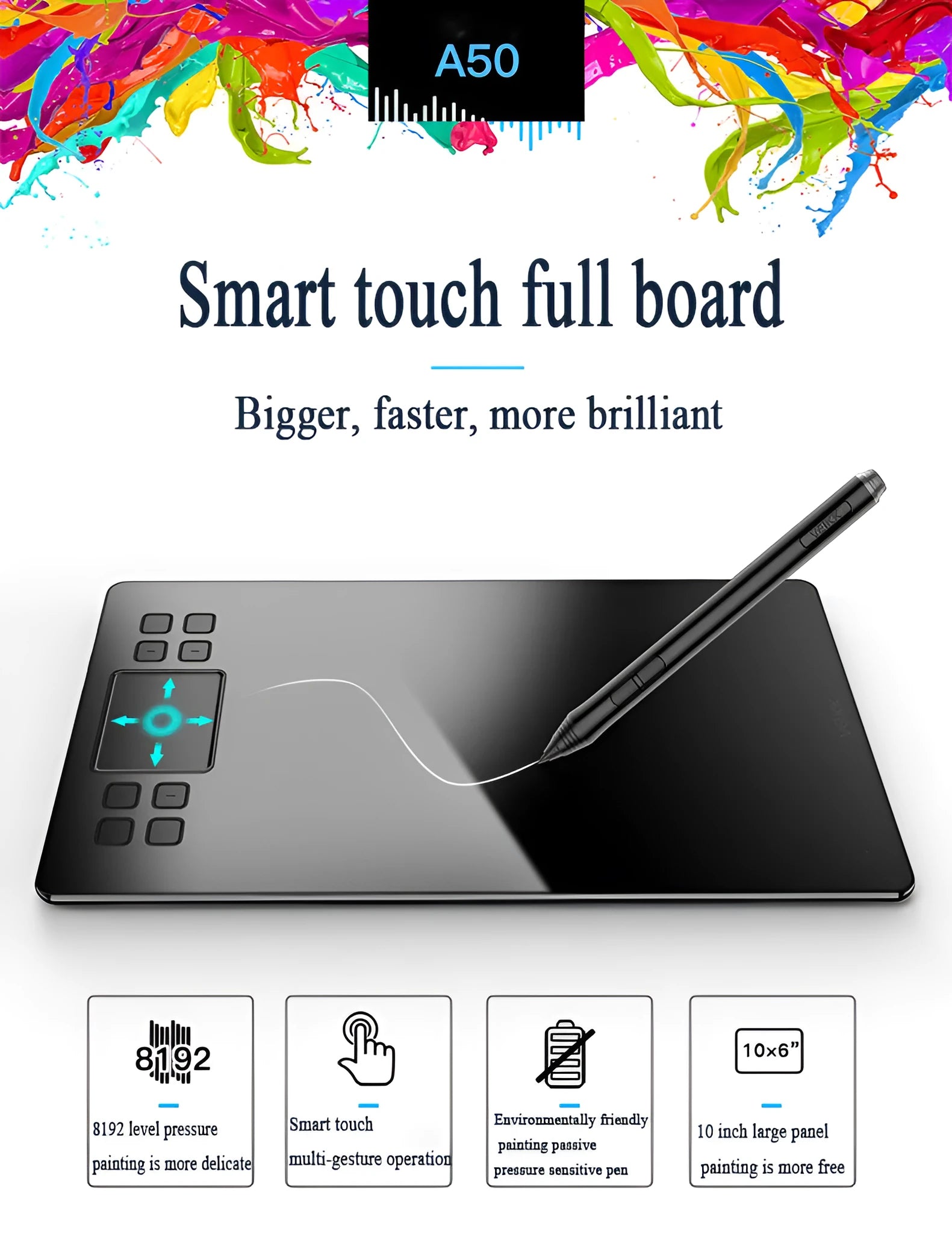 Digital drawing electronic drawing board tablet with 10-inch panel, black, showing passive pen and pen stand