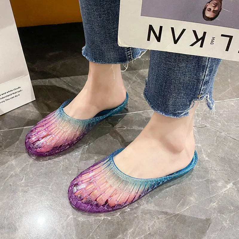 Fashion crystal women's toe-covered non-slip sandals with gradient colour finish, plastic upper and PVC sole, top view