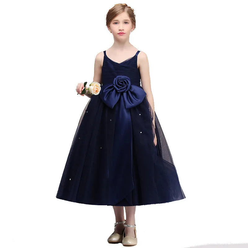 Girls blue chiffon princess dress for banquet and evening party, available in sizes 100cm to 160cm
