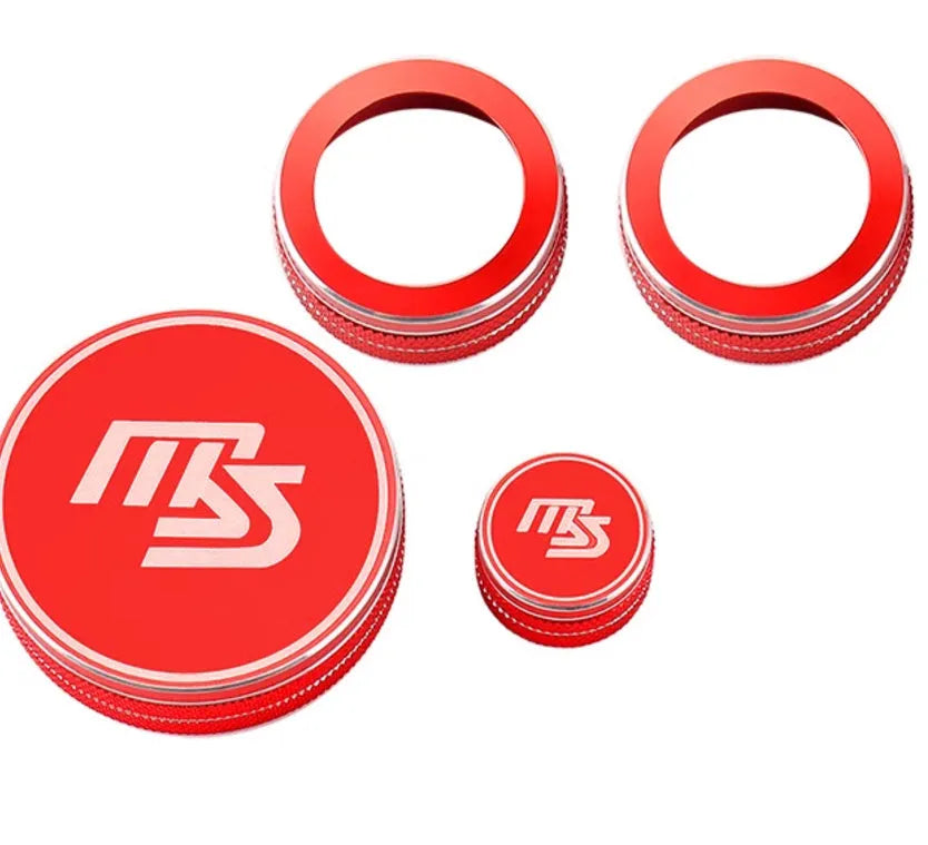 Red aluminium alloy multimedia and audio knob decorative rings set with MS logo for car interior