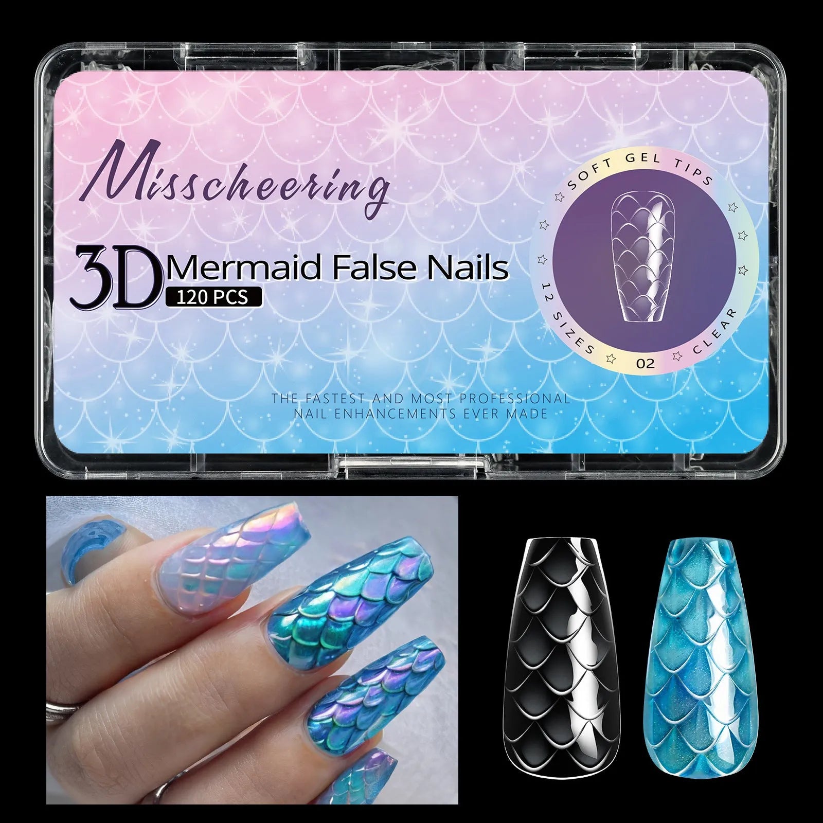 Box of 3D scale long shaping artificial nail tips for stiletto and coffin nail art designs.