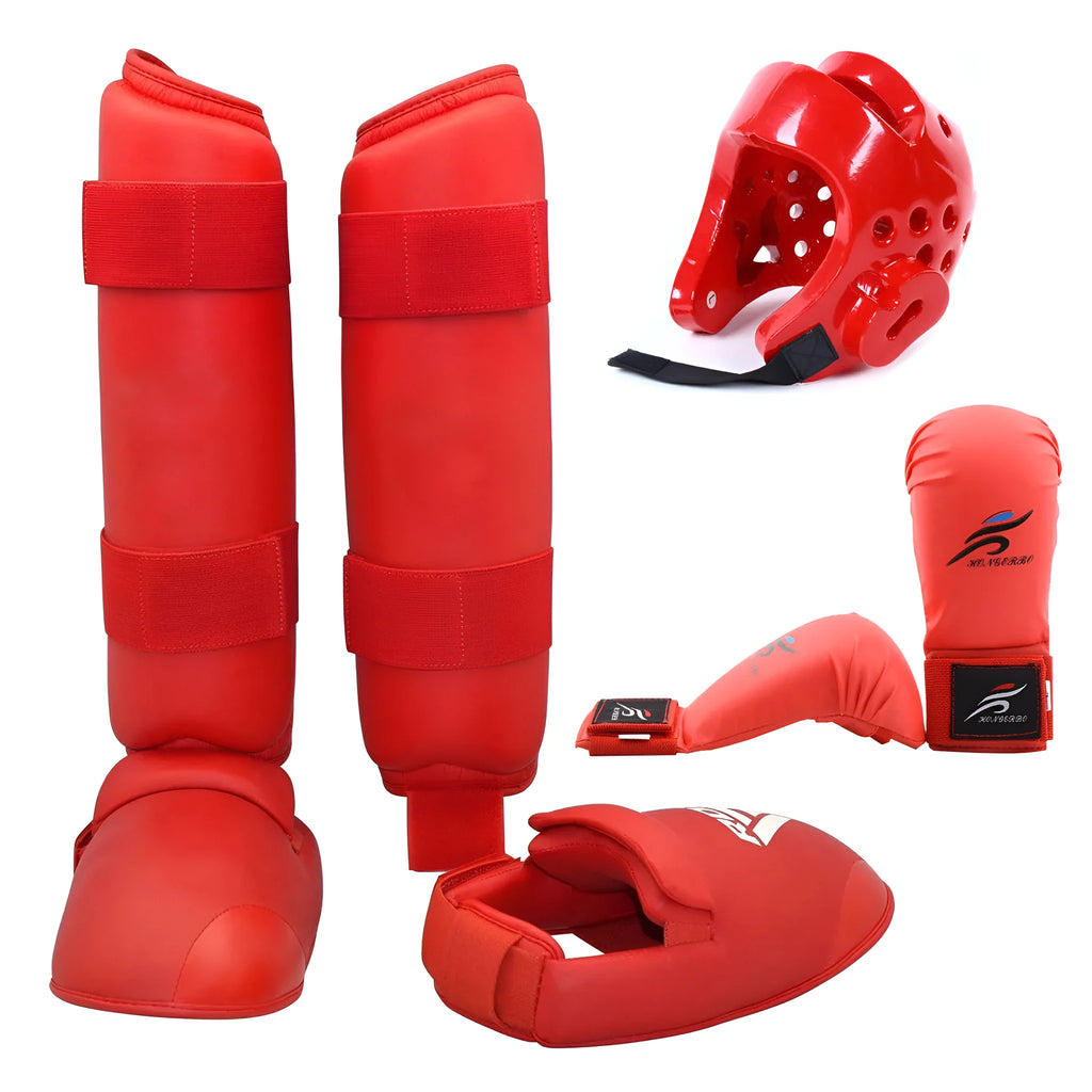 Red and blue karate taekwondo protective gear set with PU construction