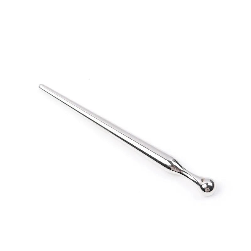 Silver metal urethral stimulation plug with round beads and a horse eye stick handle base.